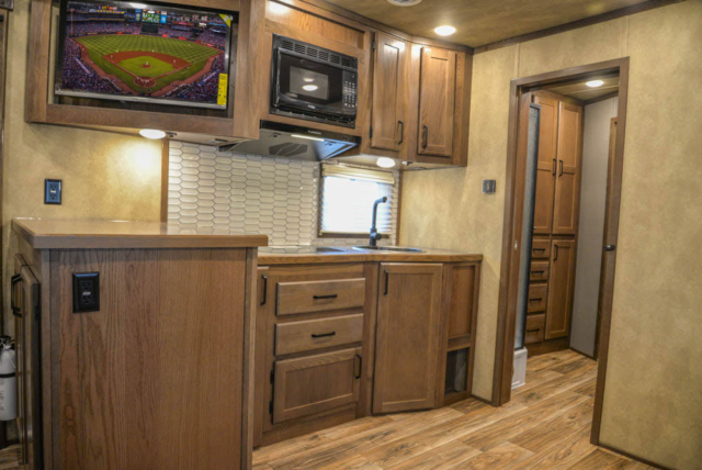 Kitchen Area in IN8X15SRB Infinity Edition Horse Trailer | Lakota Trailers