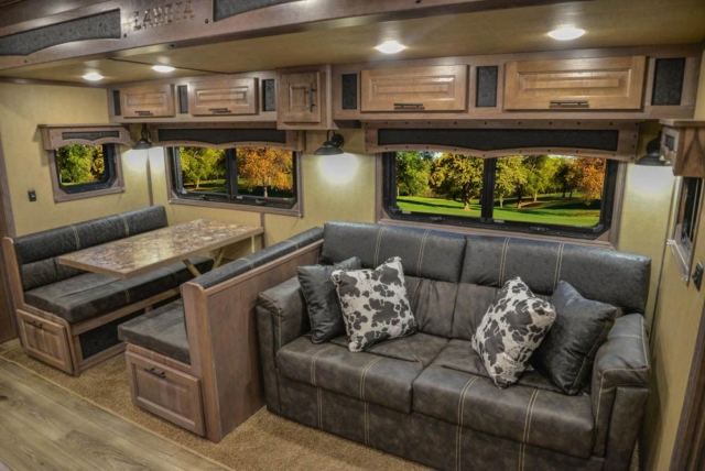 Sofa and Dinette in Slide-out in BH8X18MB Bighorn Edition Horse Trailer | Lakota Trailers