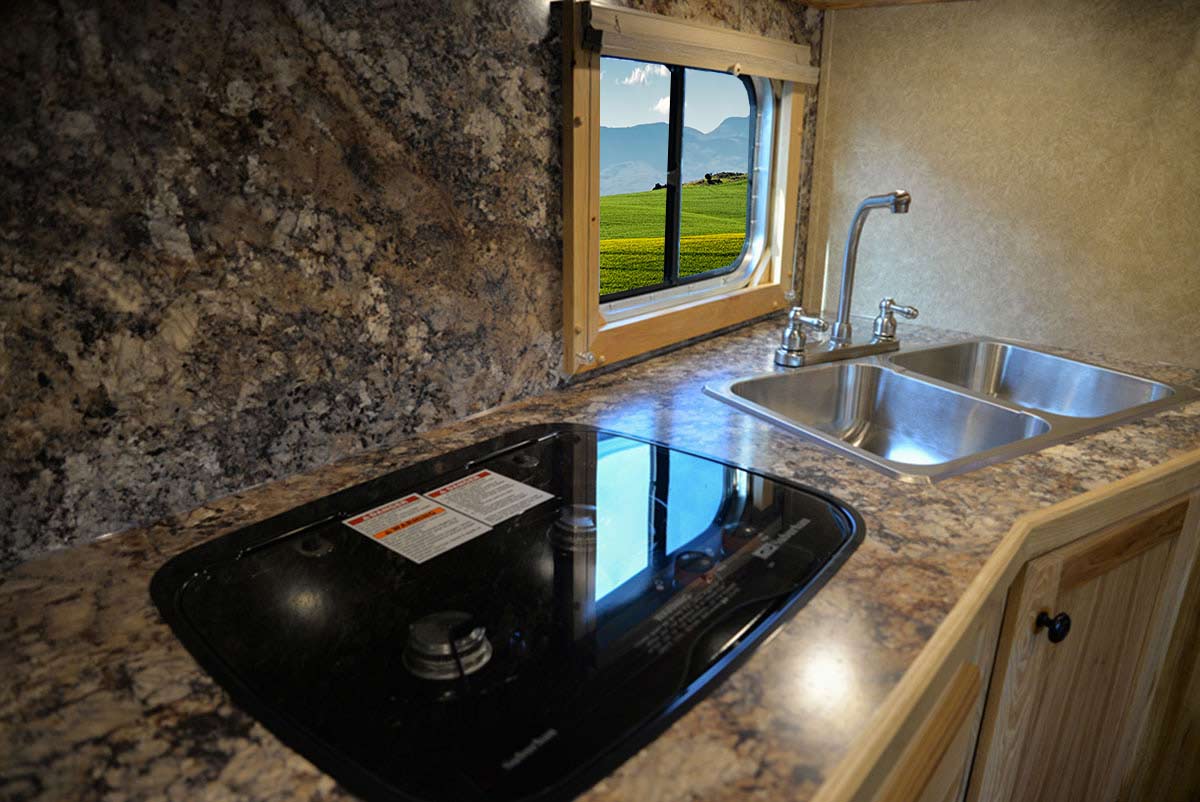 Kitchen Area in LE8X15 Charger Edition Livestock Trailer | Lakota Trailers
